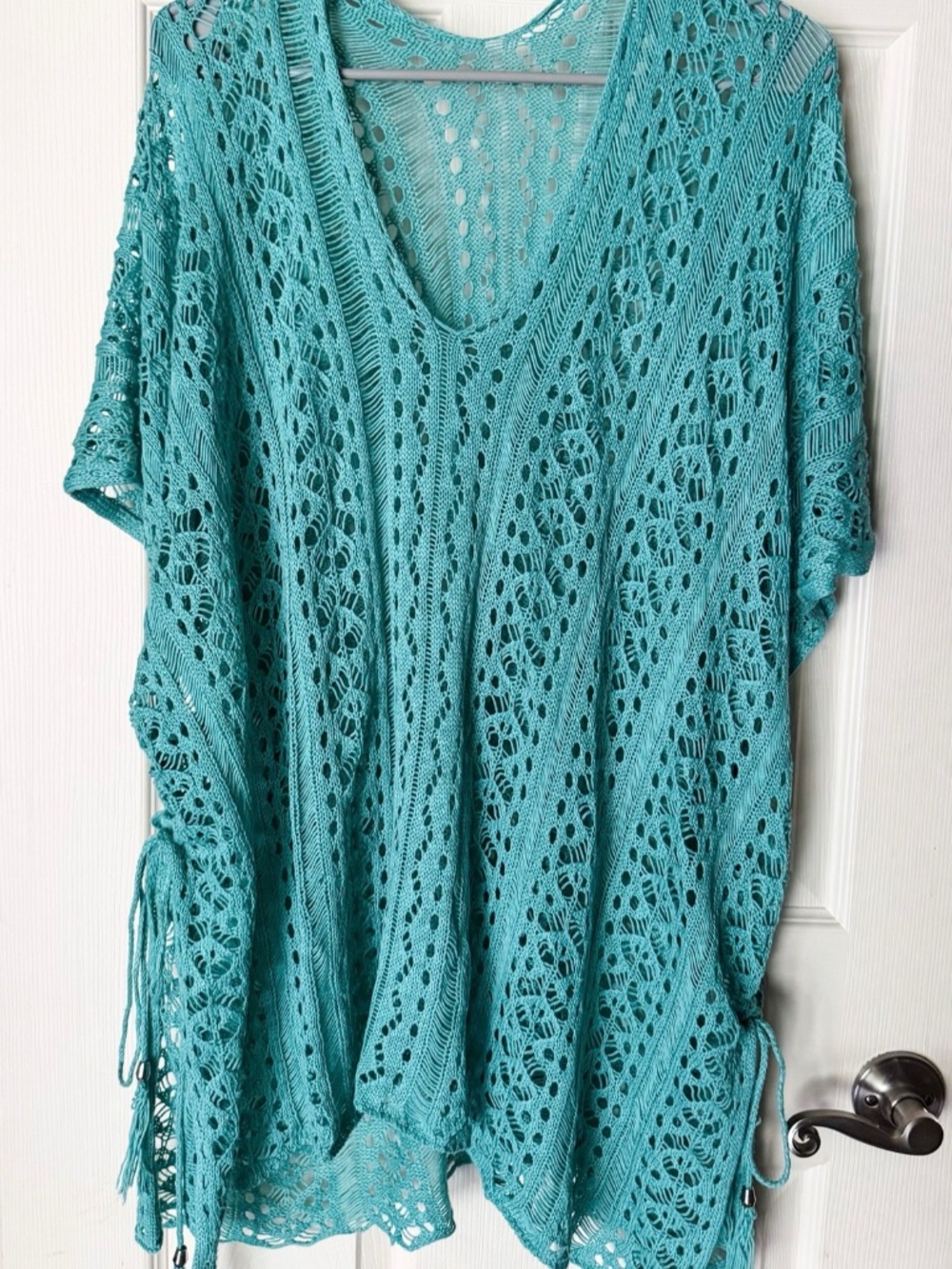 Teal Crochet Poncho Cover Up One Size Lace Up Sides Tassels Beach Boho